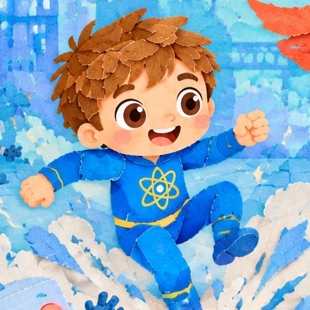 Atomic Boy qui saute, le symbole de l'atome sur le torse