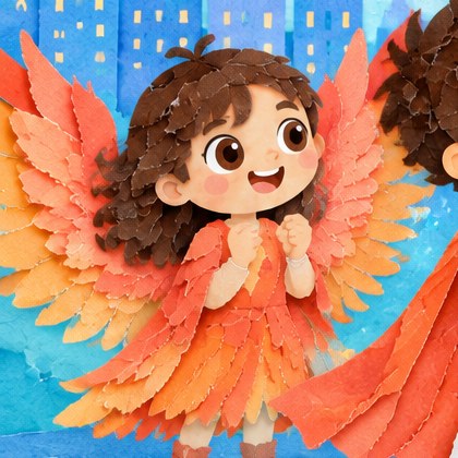Phoenix Girl, souriante, ses ailes de phénix déployées